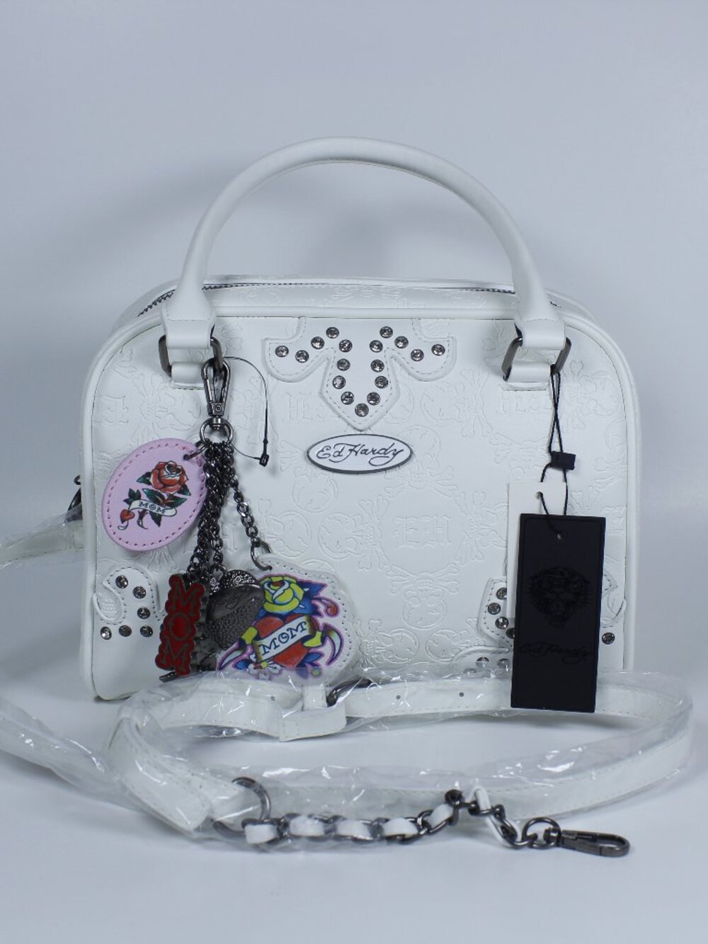 Original Ed Hardy White Satchel Bag – Y2K Style with Charms and Studs – New‎